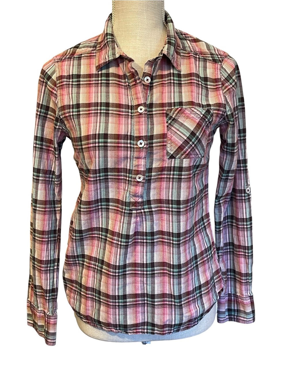 Prana Multicolor Plaid Popover Utility Shirt with Pocket Roll Up Sleeves